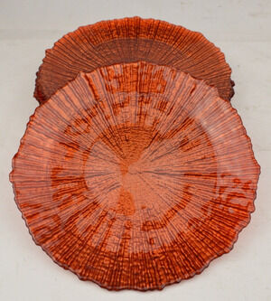 Set of 5 Amber Orange Textured Glass Plates Wood Grain 8.75" Dinner Salad